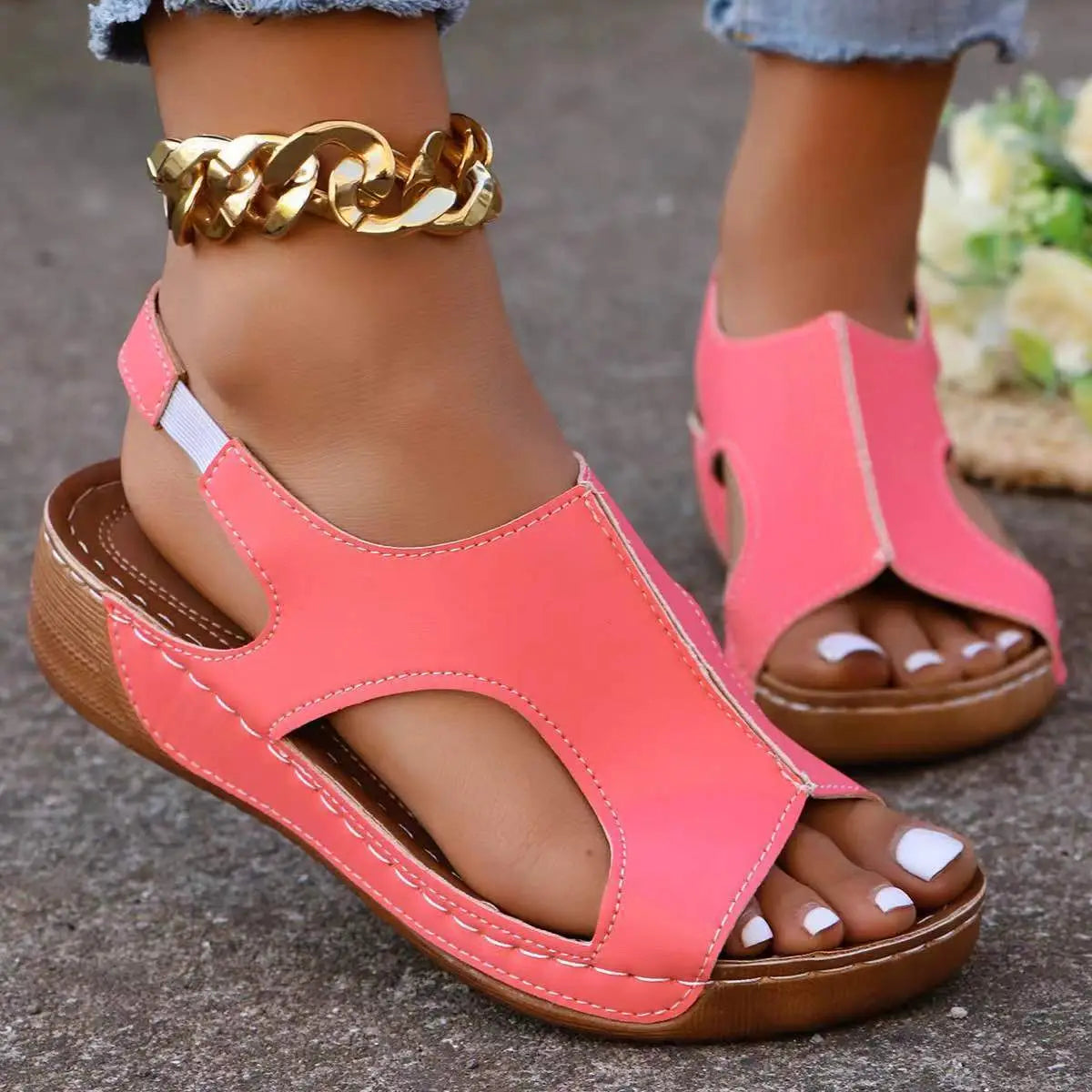 Tan recycled leather wedge sandals for women with elastic straps cutout details and white stitching for summer wear