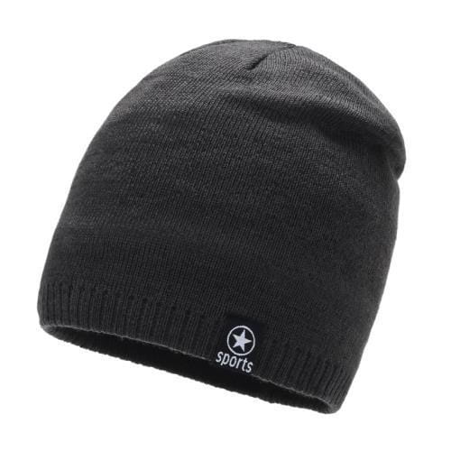 Men’s dark gray fleece lined thermal knitted beanie hat with a small black patch featuring a white star and the word sports embroidered below it.