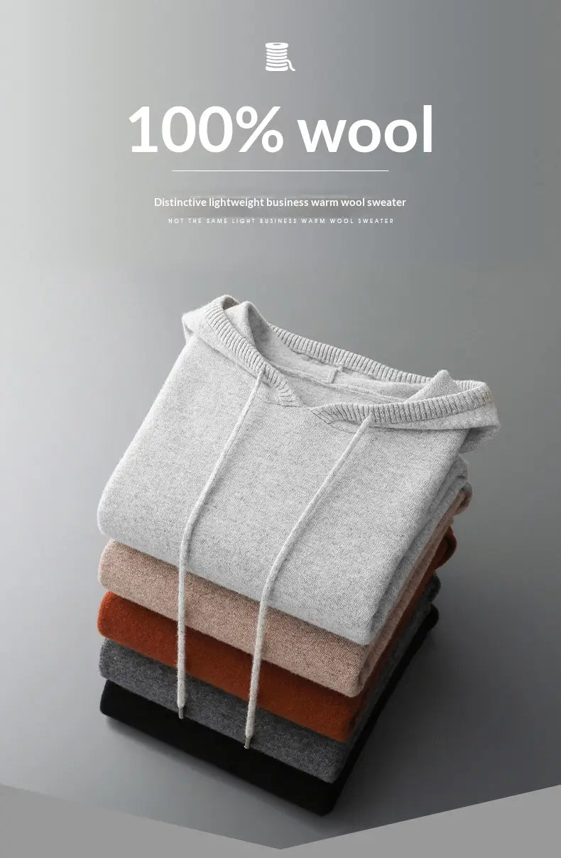 Pila de cuatro sudaderas con capucha de cachemir para hombre, elaboradas con 100% lana, en tonos neutros de gris claro, beige, óxido anaranjado y negro, adecuadas para la vestimenta de invierno.