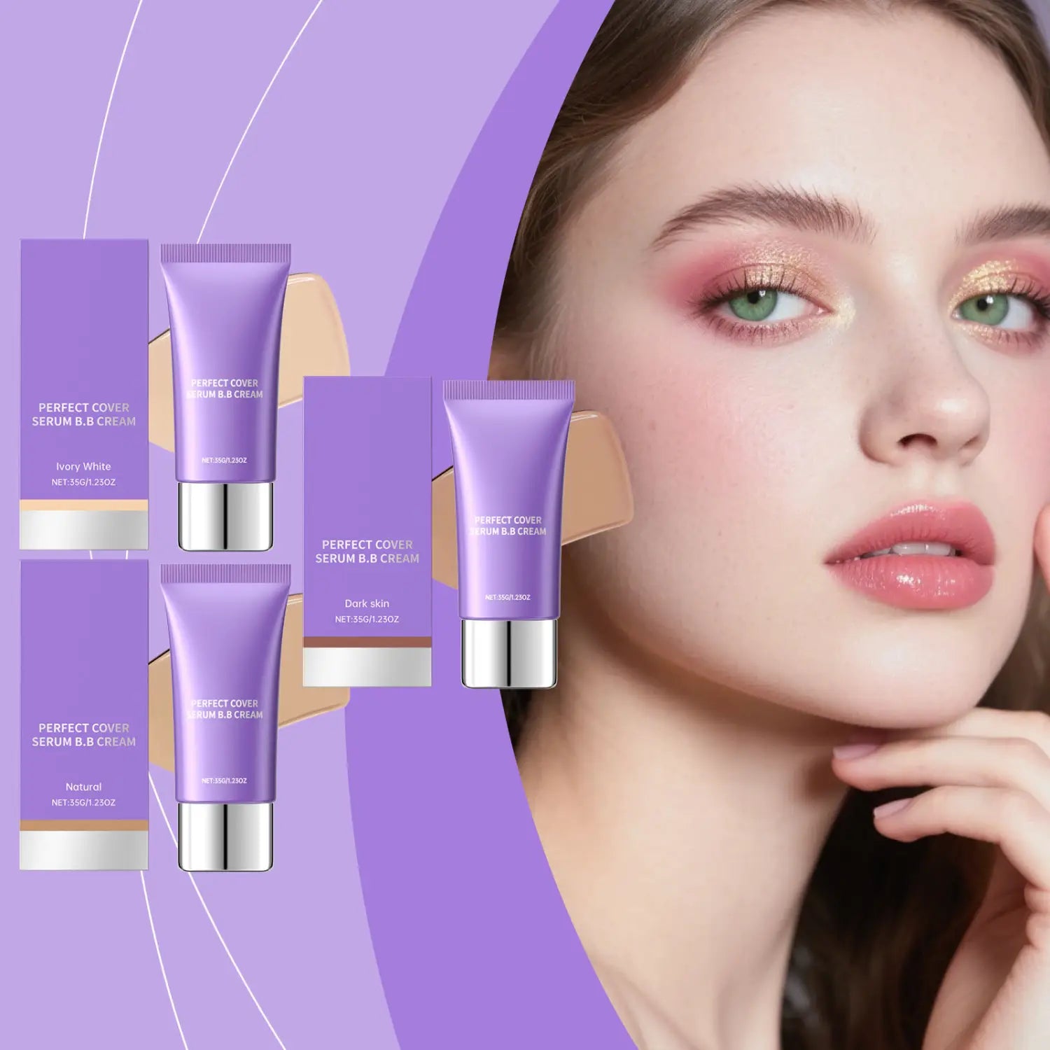 Purple tubes of hydrating bb cream perfect cover serum foundation showcasing the back side of the product.