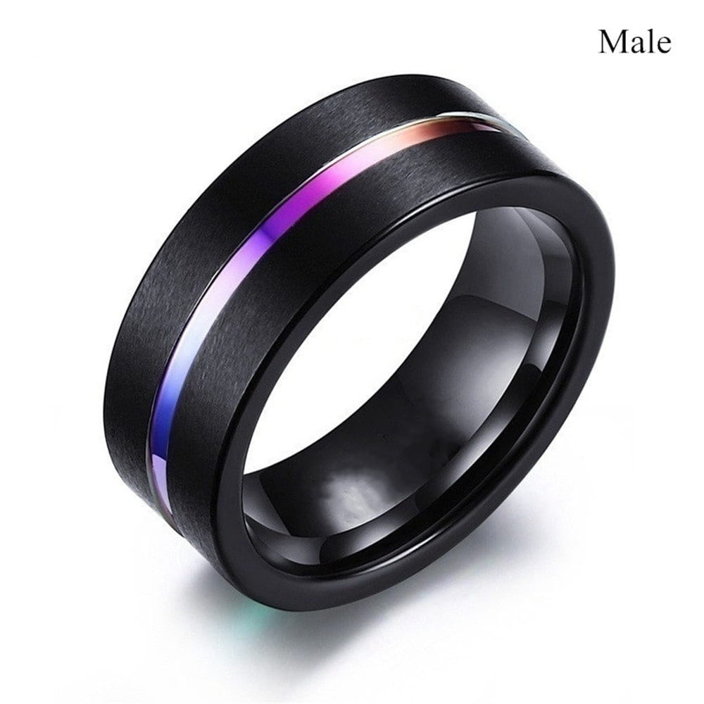 Black tungsten carbide men’s ring with a sleek brushed finish and an iridescent rainbow inlay running along its center as part of a black tungsten and purple gemstone wedding band set.