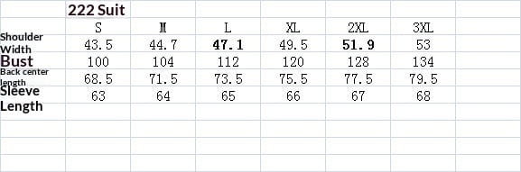 The 222 suit size chart for the Mens Slim Fit Casual Blazer British Style Suit displays measurements for shoulder width, bust, length, and sleeve length across sizes S to 3XL.