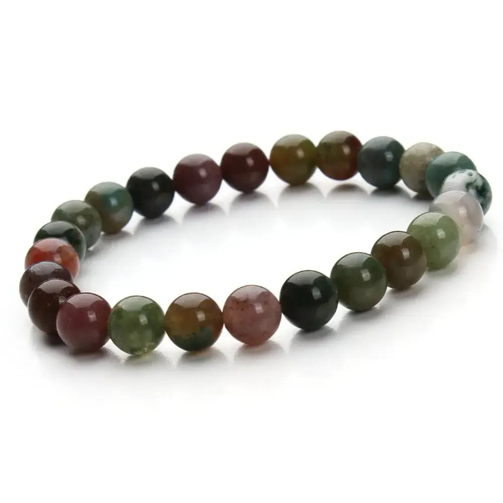 Natural polished gemstone and agate beaded bracelet featuring colorful jade beads with a smooth rounded sphere design in green red and black hues.