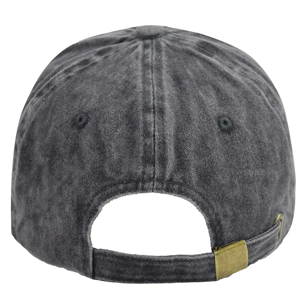 a faded dark gray distressed denim baseball cap with duck embroidery and a gold-tone metal adjustment strap shown from the back side