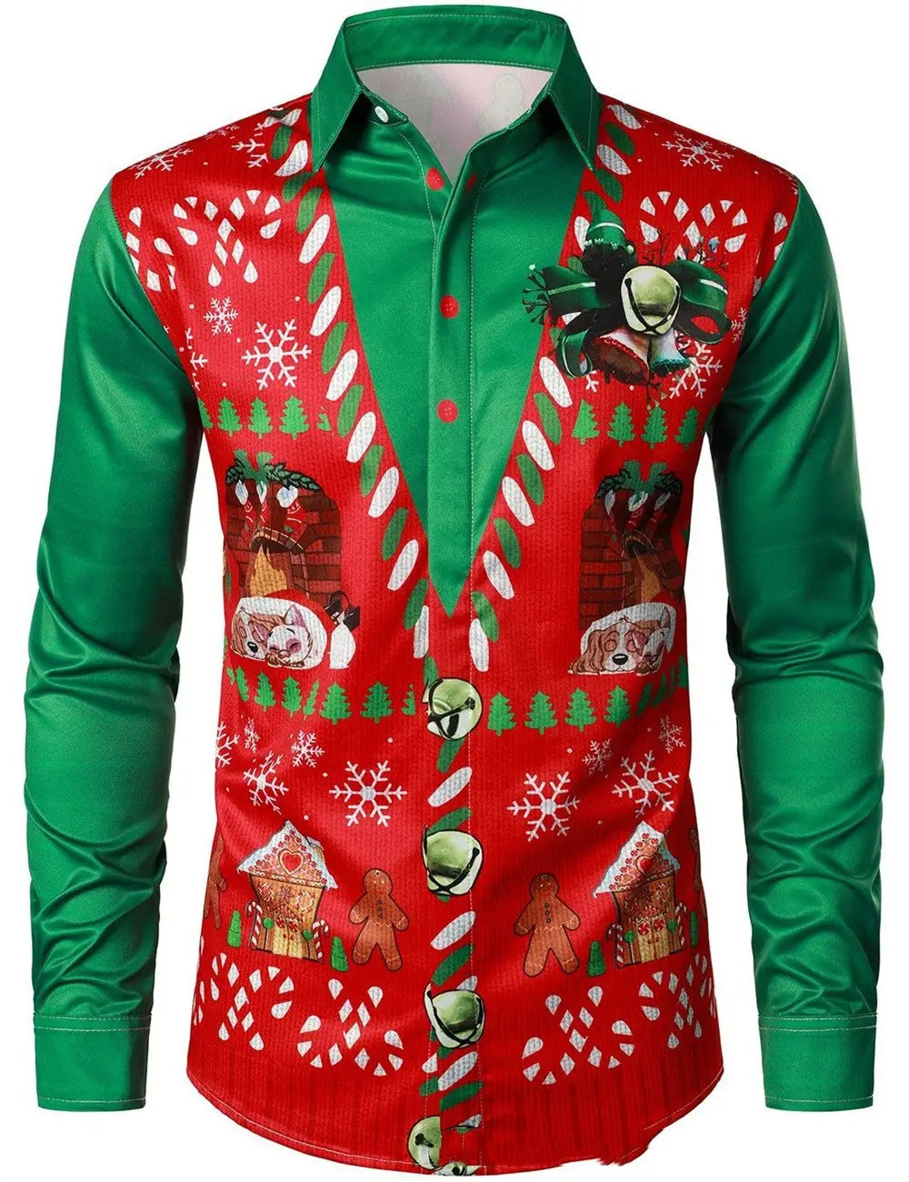 Mens Christmas print button up shirt featuring red and green colors with candy cane snowflake gingerbread house and dog illustrations.