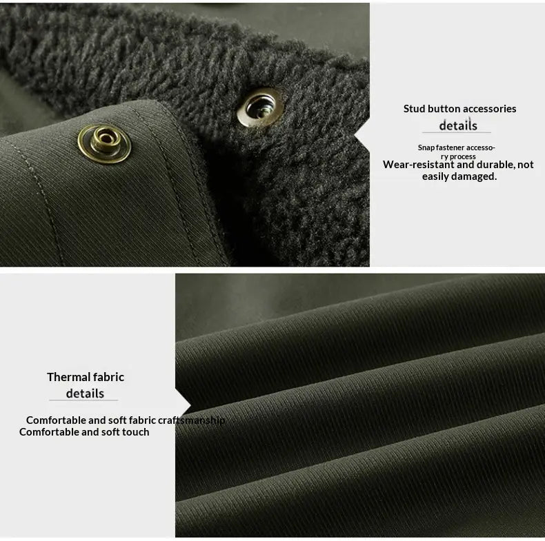 Veste boutonnée en matelassé à empiècements pour homme en velours côtelé vert foncé, avec tissu thermique, doublure en polaire moelleuse et fermetures à pression en laiton.