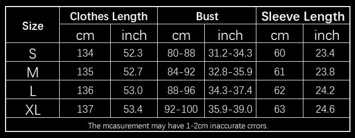 Size chart for a black backless ruffled ribbed knit bodycon maxi dress showing long-sleeved garment measurements in centimeters and inches across sizes S through XL.