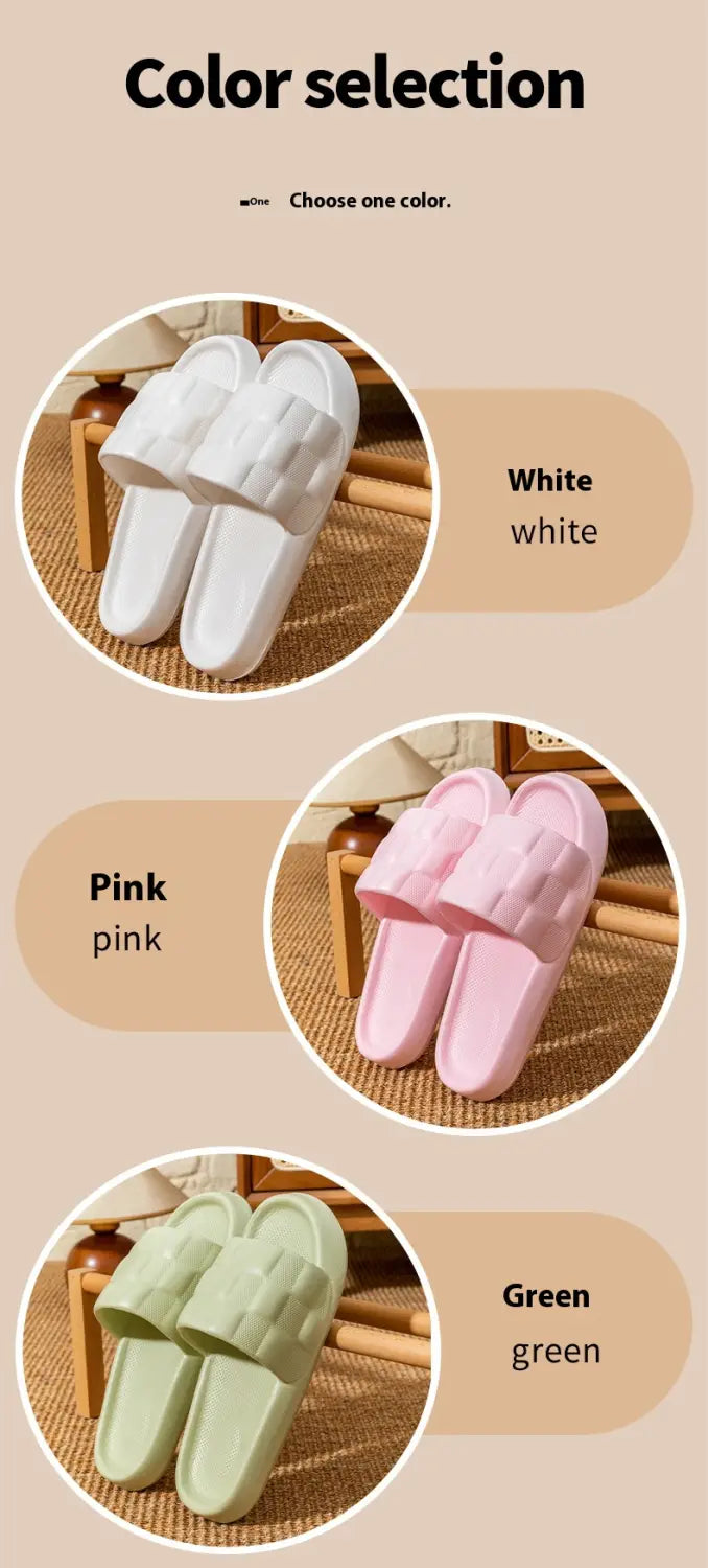quilted eva soft sole breathable slide sandals in white pink and green with textured plastic strap design.