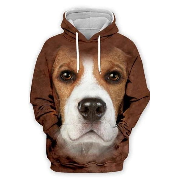 Homme sweat à capuche en pull-over imprimé 3D représentant un portrait de chien, avec le visage d’un beagle brun, des cordons de serrage blancs et une capuche doublée de gris.