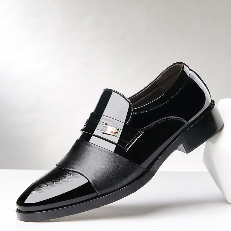 Men’s black patent leather lace-up dress shoes with glossy finish and gold-tone buckle for business and formal wear