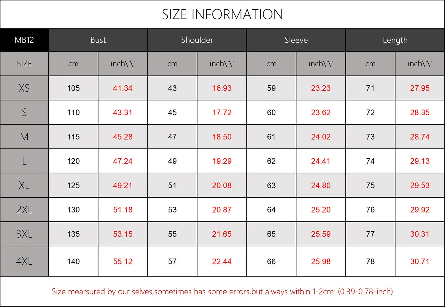 Size information chart for men beige linen shirt geometric trim displaying measurements in centimeters and inches for sizes XS to 4XL.