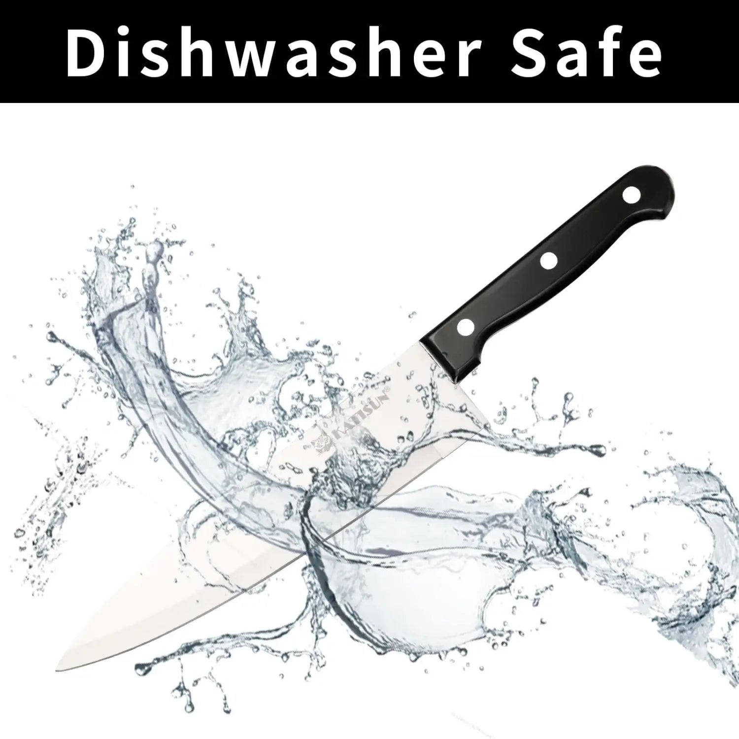 Cuchillo de cocina de acero alemán con mango negro, hoja de acero inoxidable y el nombre de la marca kansun grabado cerca del mango, perteneciente a un set de 19 piezas con bloque de afilador.