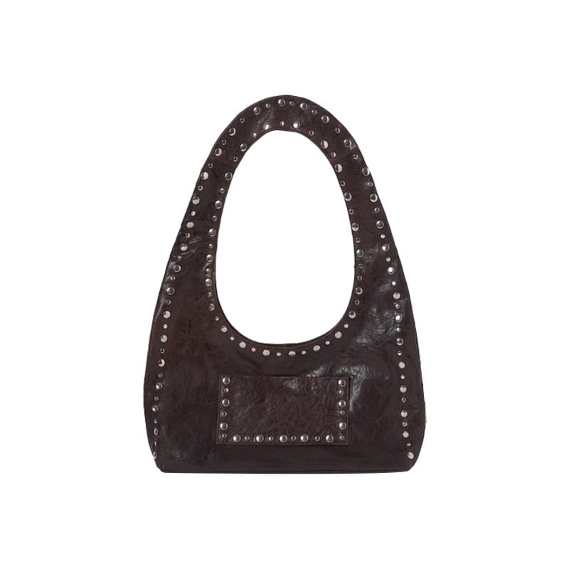 Dark brown leather hobo bag with silver toned studs along the handle and front flap designed as a brown studded leather shoulder bag retro hobo purse.