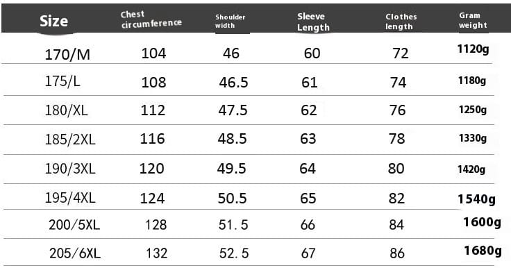 The image shows a size chart for men wool winter overcoat quilted jacket listing chest circumference shoulder width sleeve length clothes length and gram weight measurements.