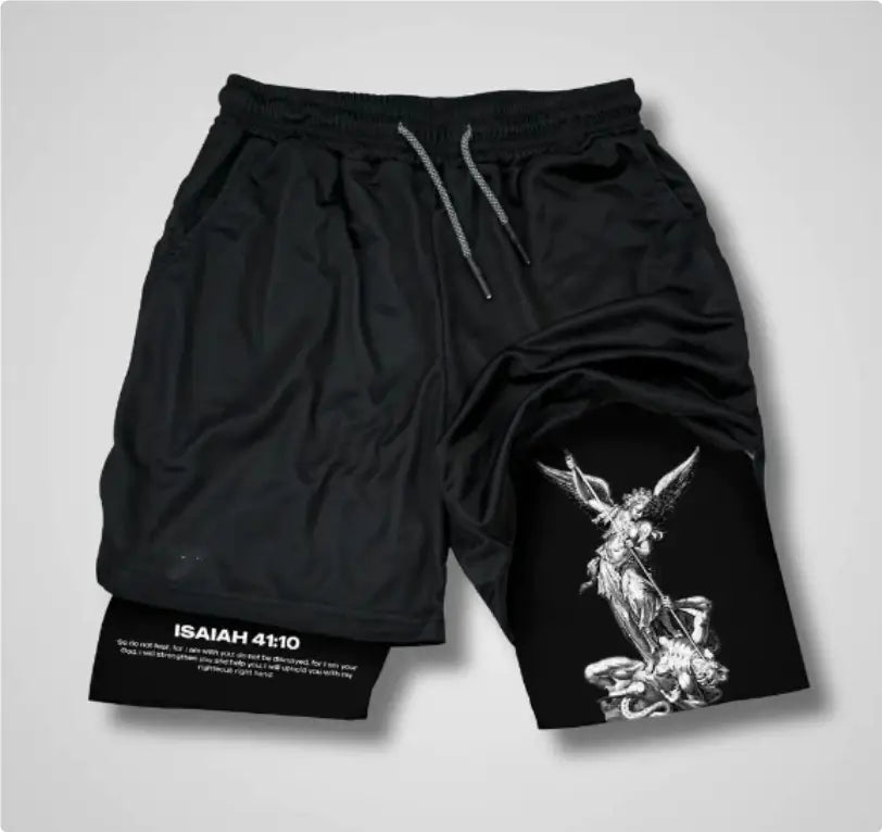 Black athletic shorts featuring a white angel illustration on the left leg and isaiah 41:10 text along the bottom hem from the Faith Graphic Athletic Shorts collection.
