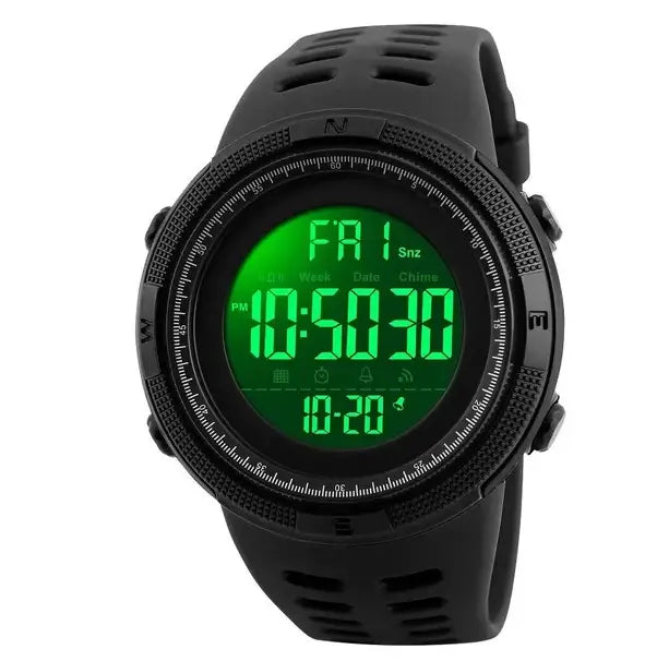 Skmei men’s military sport waterproof digital chronograph watch in black with green led display and perforated rubber strap.