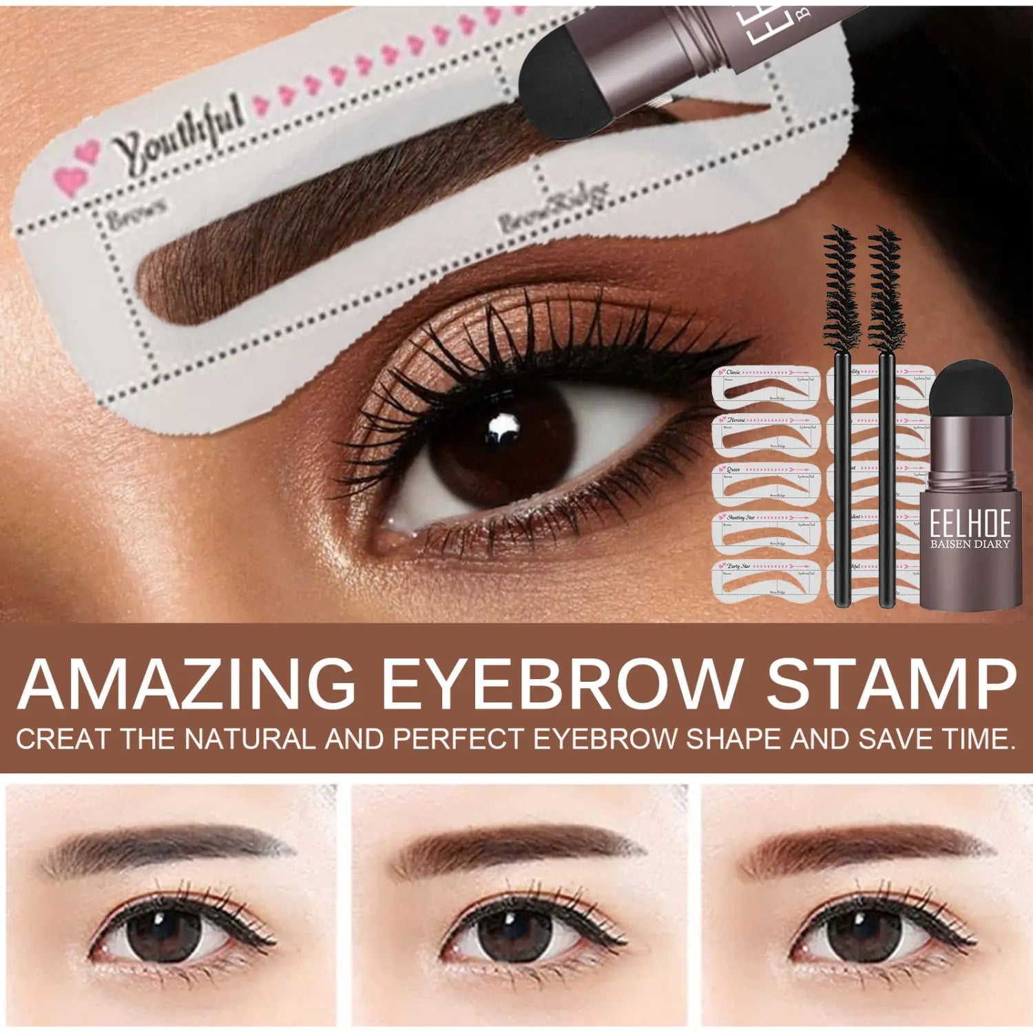 White plastic eyebrow stamp with pink heart accents and printed guide lines designed for shaping brows in an eyebrow powder stencil kit with stamp and pencil.