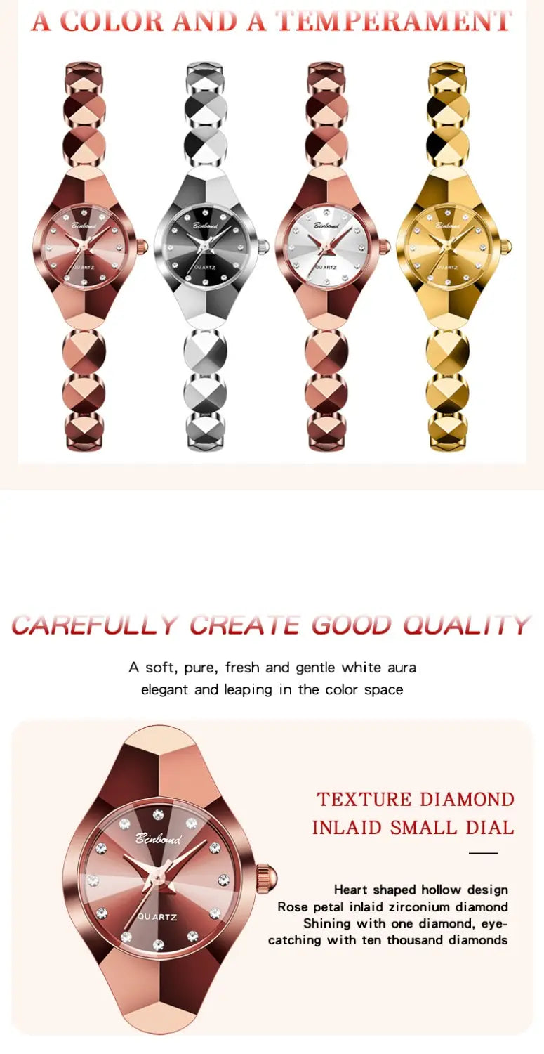 Rose gold-tone luxe geometric faceted bracelet watch with a textured diamond-inlaid dial and rose petal-shaped hollow design.