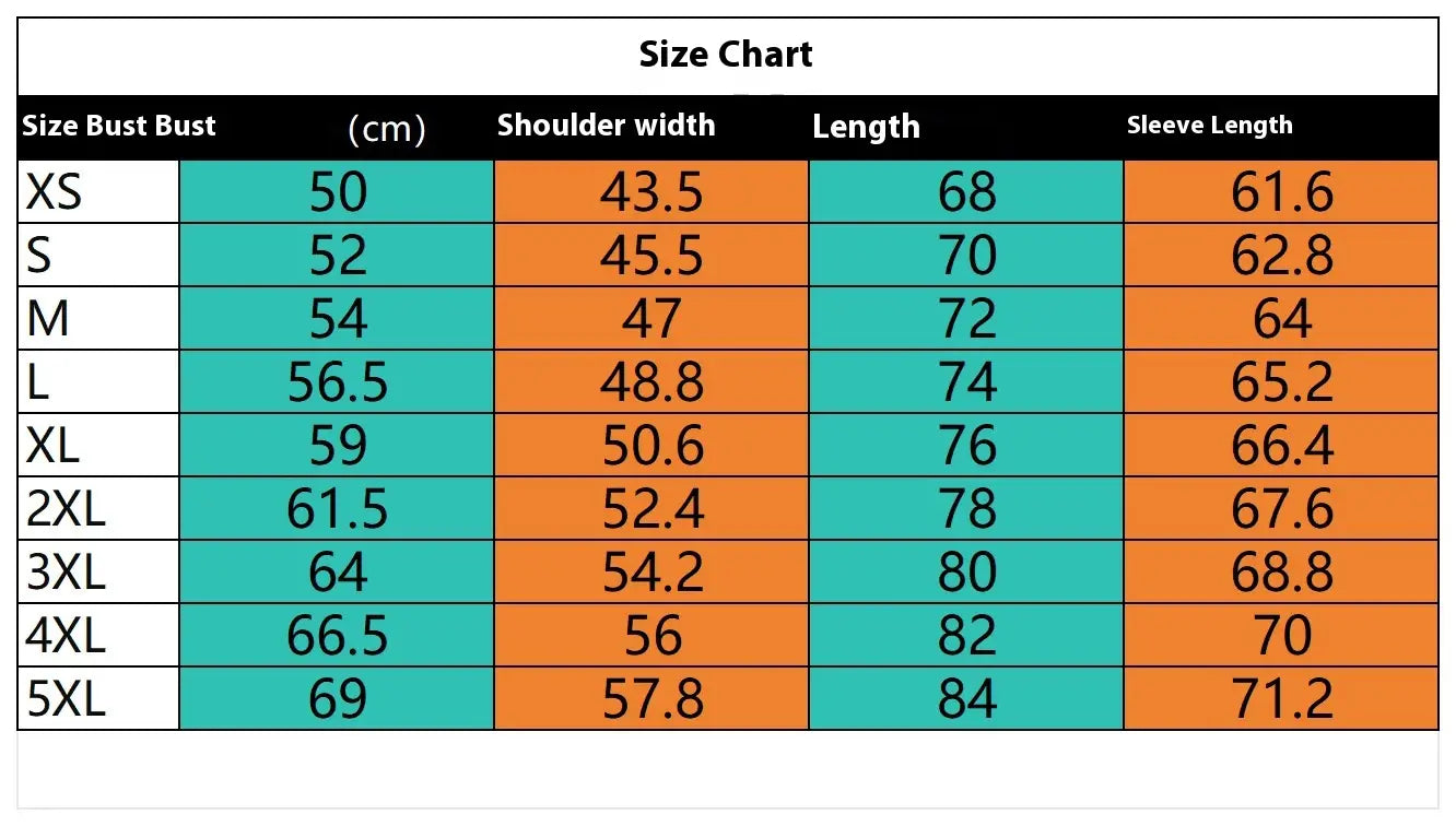 Türkis- und Orangefarbige Größentabelle für Herren für einfarbiges Slim-Fit-Leinenhemd mit sichtbarer Brust-, Schulterweiten-, Längen- und Ärmellängenangabe von XS bis 5XL