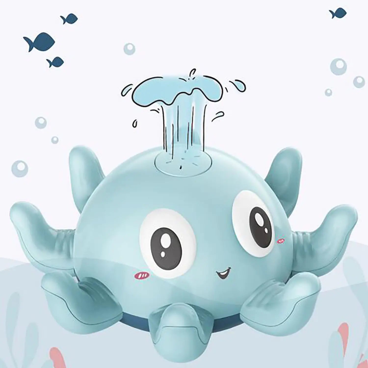 点滅するLEDライトと漫画のような表情を備えた、淡い水色のプラスチックタコのウォータースプレーお風呂おもちゃ。