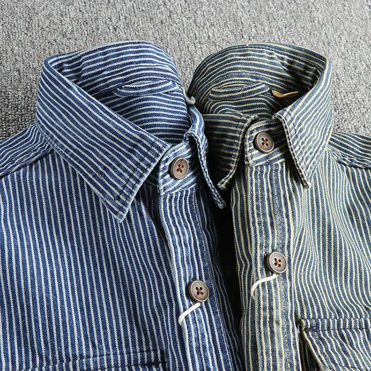 Two striped denim shirts for men featuring vertical stripes in deep blue and faded light blue tones made from durable denim fabric.