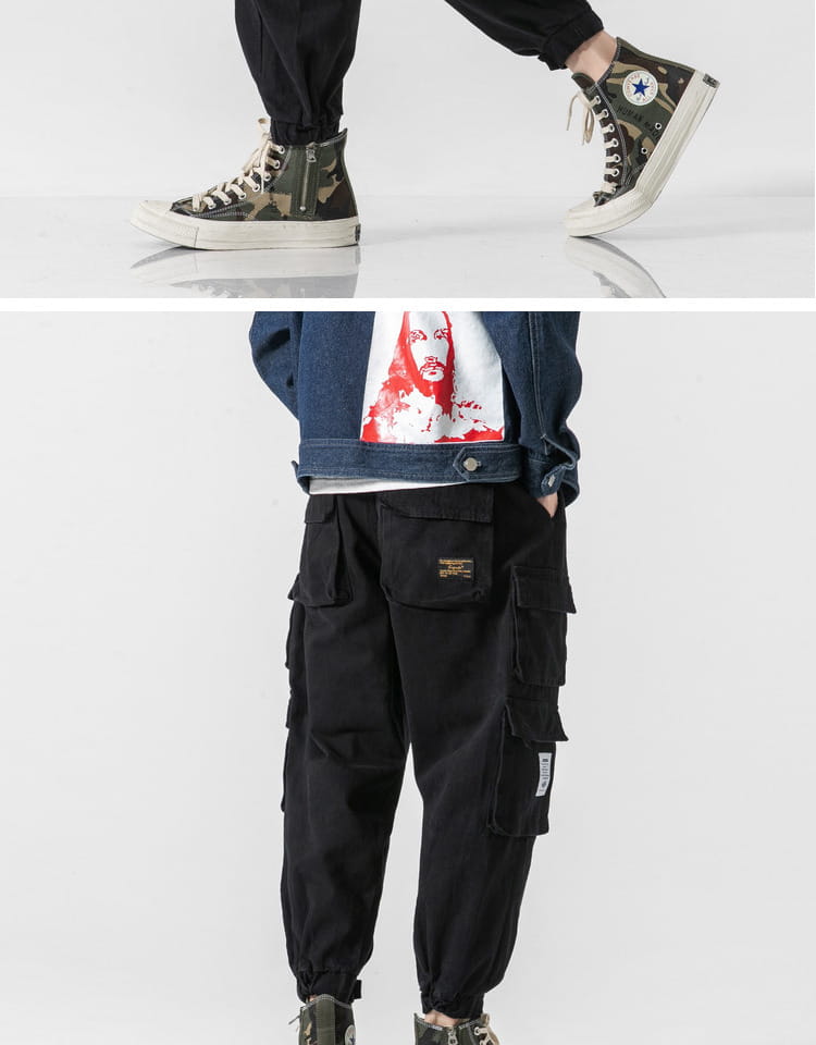 Pantalones cargo militares japoneses casuales negros de tiro cónico, con múltiples bolsillos y cintura ajustable con cordón para un ajuste cómodo