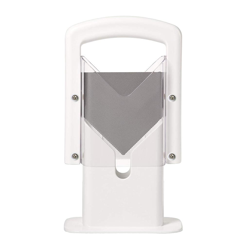 White plastic bagel slicer guillotine with a clear acrylic blade guard and silver metal slicing component for safe and precise cutting.
