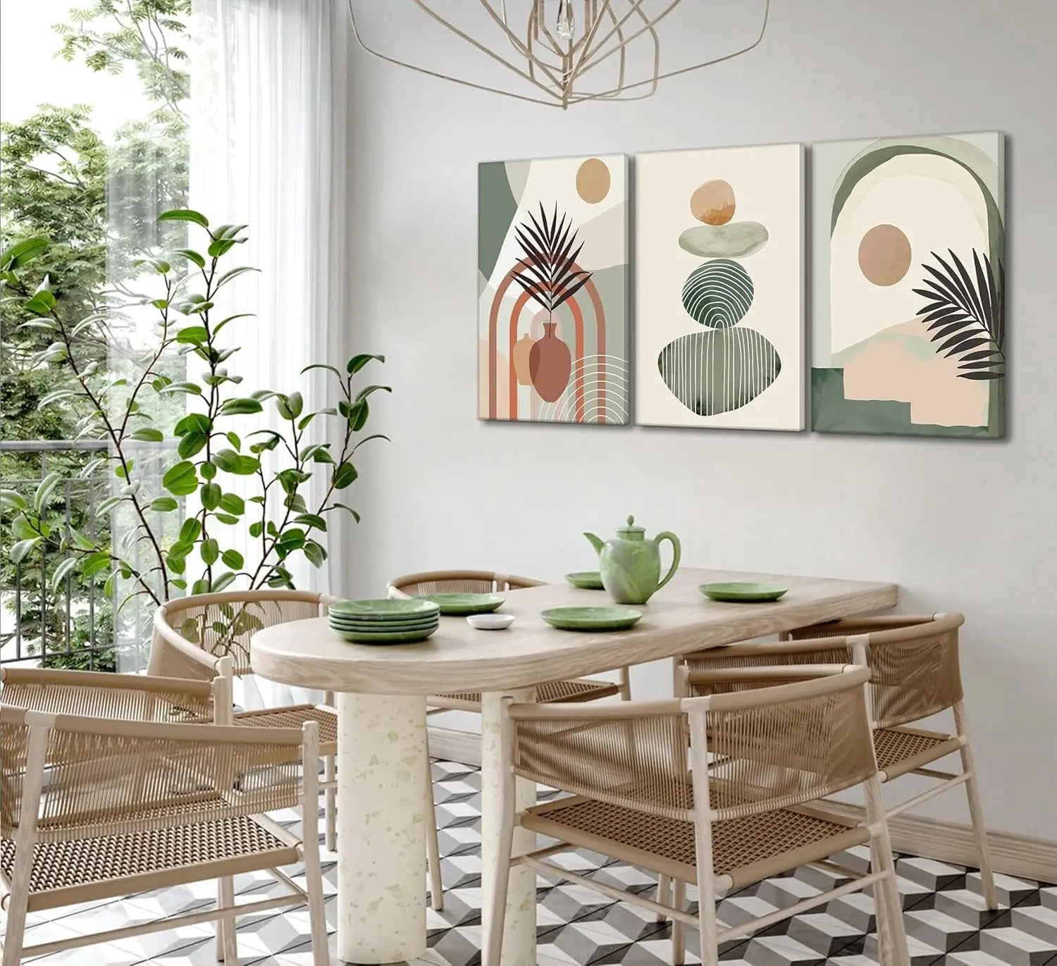 Boho-Abstrakt-Botanische Leinwand-Wandkunst-Set, 12x16 Zoll, bestehend aus drei modernen Tafeln mit geometrischen Formen und stilisierten Pflanzenmotiven in gedeckten Erdtönen wie Salbeigrün und Terrakotta.
