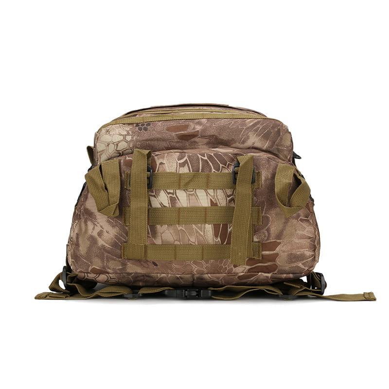 Tactical camouflage mountaineering backpack for hiking in tan and brown with olive green webbing straps designed for durability and outdoor use.