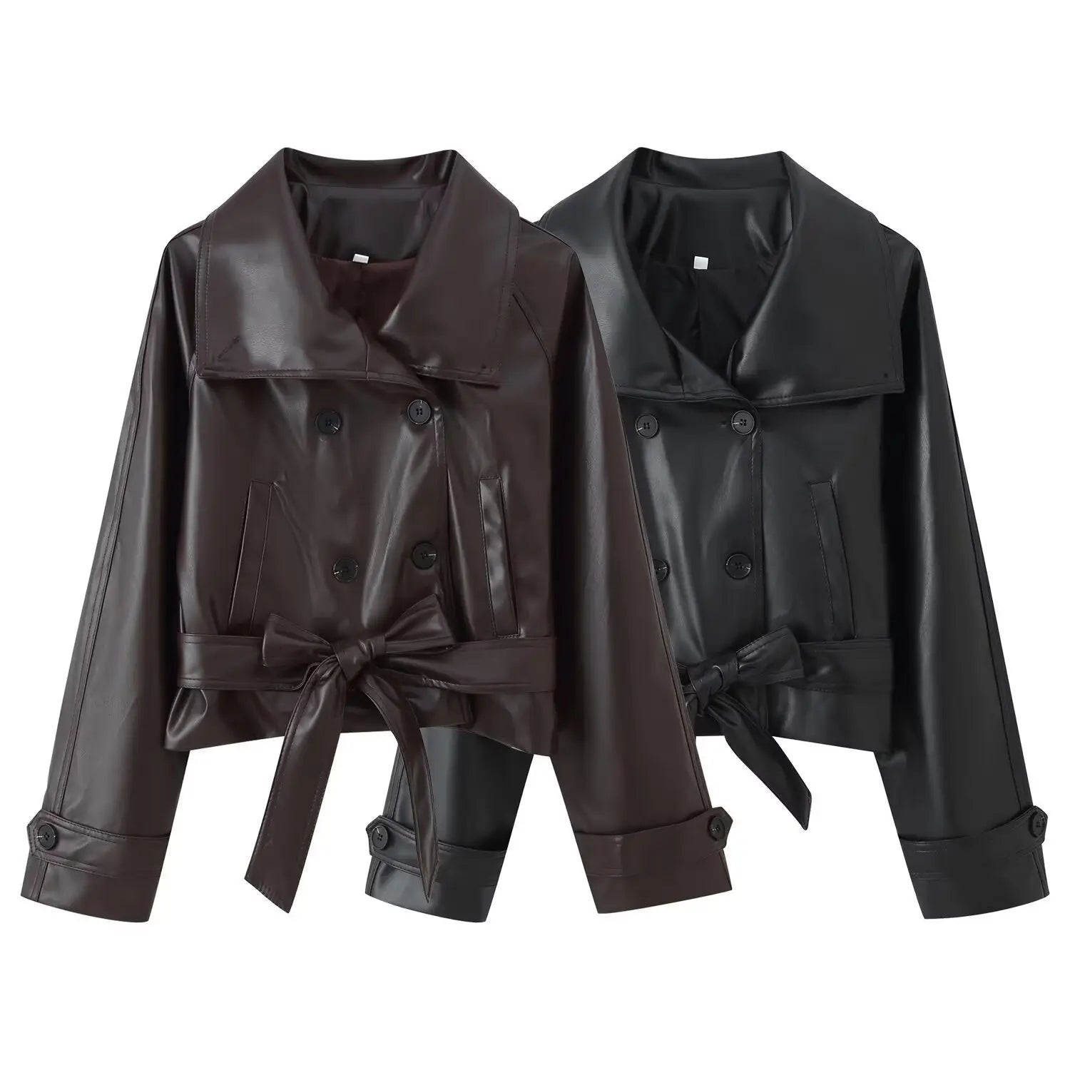 A sleek faux leather double breasted belted trench coat in rich brown and classic black featuring a tied ribbon detail at the waist.