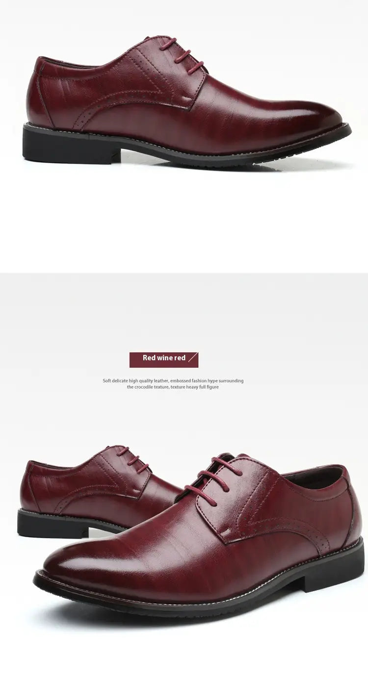 Chaussures habillées de type oxford en cuir pour homme, brogues, présentant un cuir bordeaux poli, un design oxford classique et une semelle en caoutchouc noir.