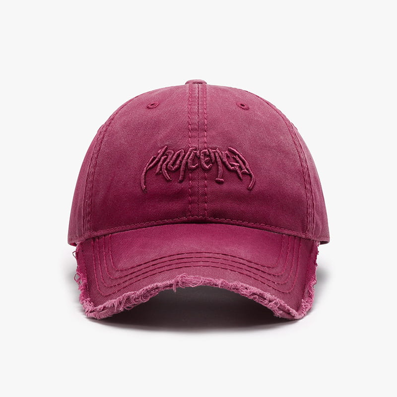 A distressed cotton baseball cap in maroon with a frayed brim and an embroidered progeny logo in brown.