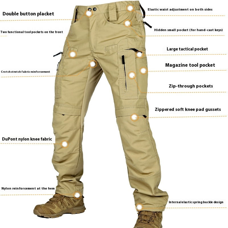 Pantalons tactiques P40 pour hommes de couleur sable, réalisés en nylon DuPont, avec genoux renforcés et multiples poches utilitaires conçues pour un usage militaire.