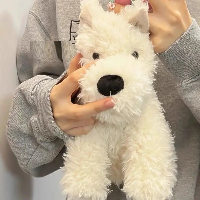 A fluffy white plush dog with black button eyes and a black nose, part of the Plush Dog and Teddy Bear Stuffed Animal Toy collection sized 23 to 40cm.