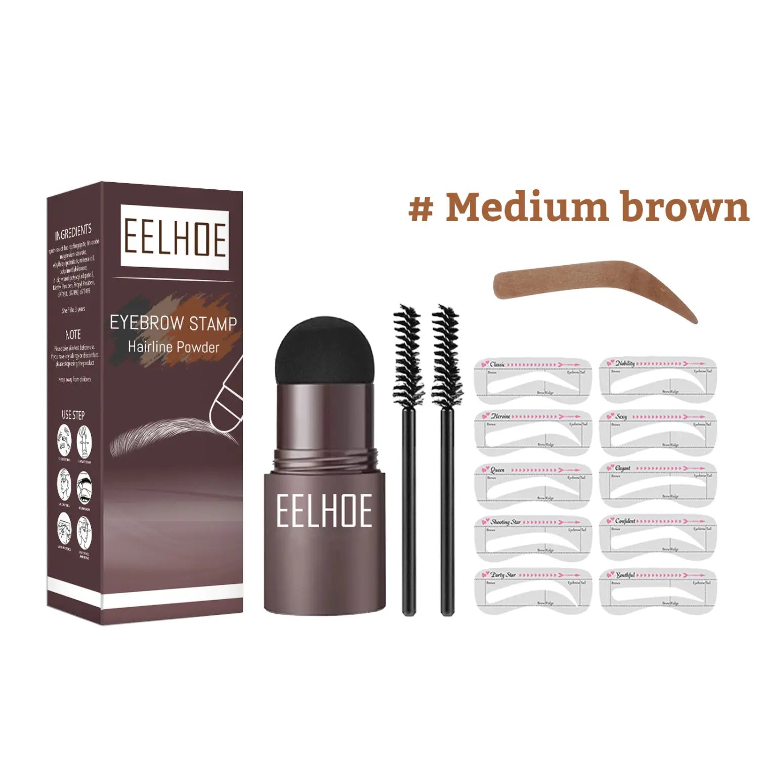Eelhoe medium brown eyebrow stamp hairline powder stick with black cap and two applicator brushes from the eyebrow powder stencil kit with stamp and pencil.