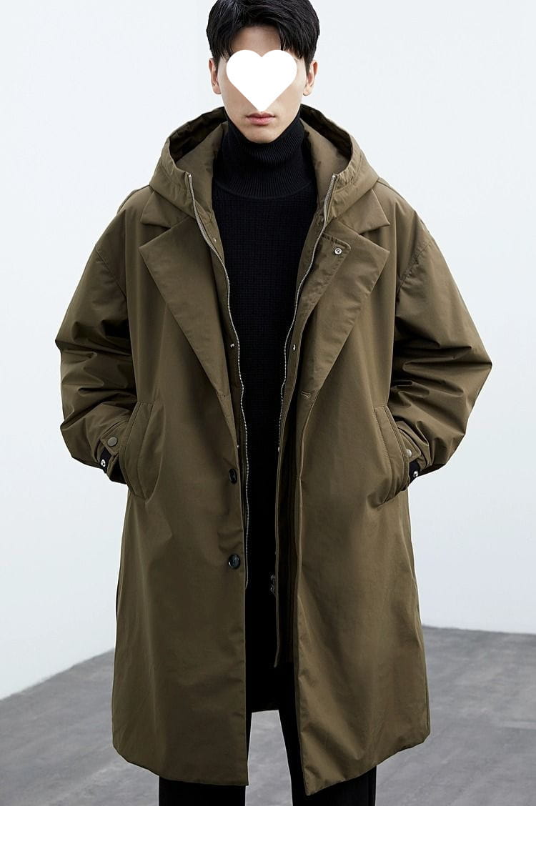 Men hooded trench coat in olive green featuring a button-front closure and two side pockets suitable for winter wear.