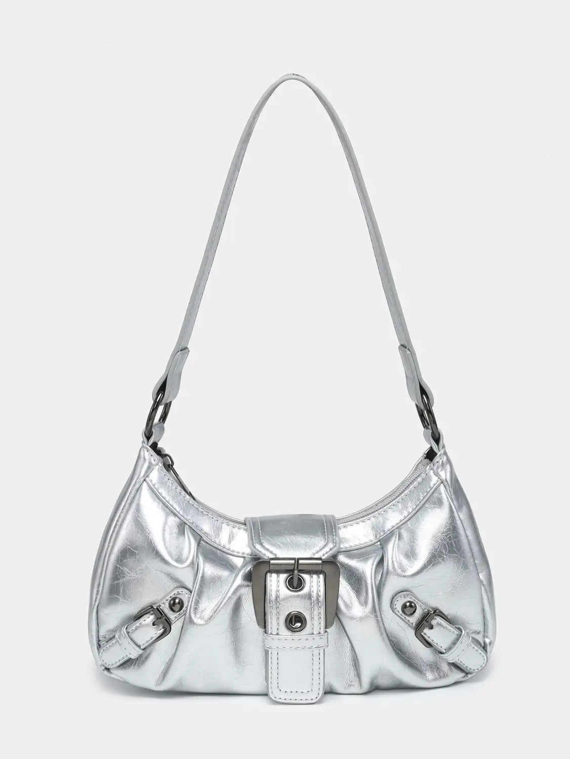 Vintage leather shoulder bag in silver metallic with a sleek glossy finish and structured design featuring prominent buckle closures.