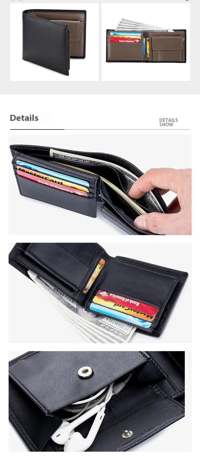 Black leather men’s genuine leather bifold wallet featuring multiple card slots and a zippered coin pocket compartment.