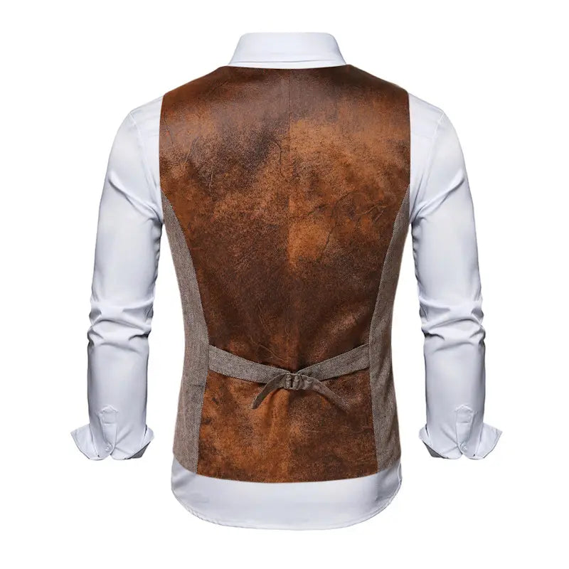 Herren-Tweedweste im Slim-Fit im Business-Casual-Stil aus braun strukturierter Lederoptik mit grauer Zierleiste und passendem Gürtel.