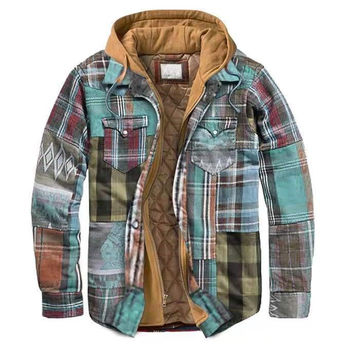 Men quilted plaid hooded jacket featuring a cozy patchwork design with a quilted tan interior and multiple pocket styles for versatile wear.