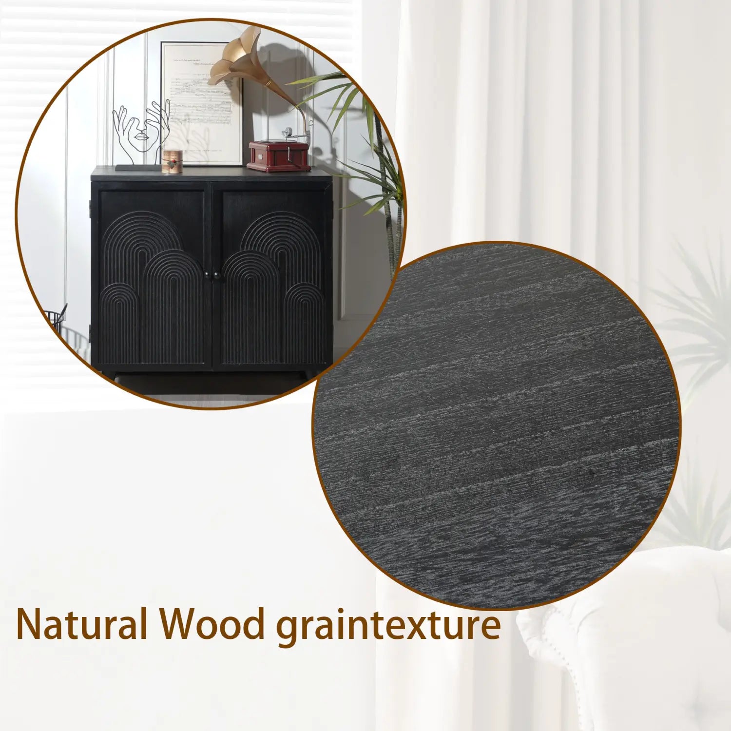 Black wood storage cabinet 31in with an arched wood grain texture design on the front surface.
