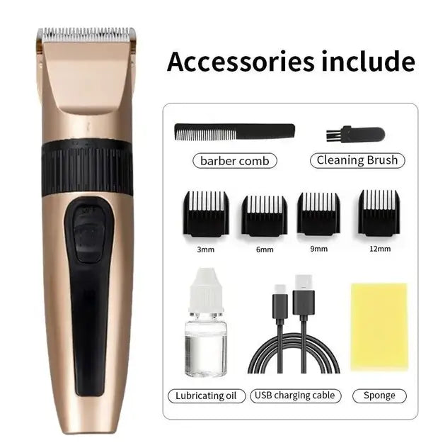 Professional hair clippers cordless gold barber kit featuring a gold and black electric hair clipper with multiple comb attachments.