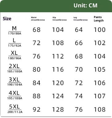 The image displays a size chart in centimeters for men wide leg herringbone drawstring trousers listing measurements from size m to 5xl.