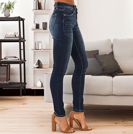 Women high-waisted stretch skinny jeans in dark blue denim with a slim fit and subtle fading details.