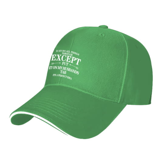 Casquette de baseball verte brodée et chapeau de soleil pour femmes, avec du texte blanc brodé et un revers contrastant blanc.