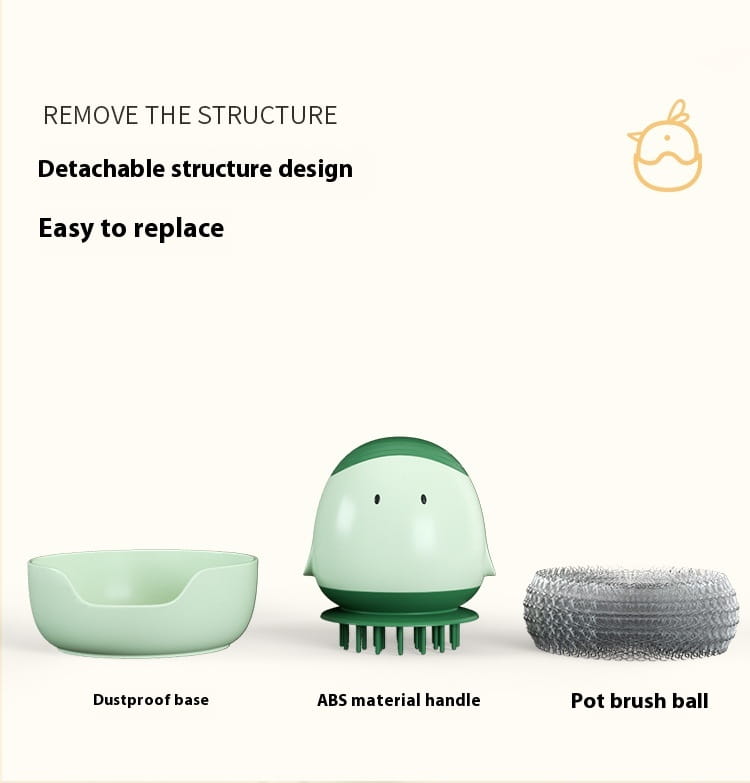 brosse pour plat en forme d’œuf vert menthe avec distributeur automatique de savon liquide, récurant, avec poignée amovible en plastique ABS et boule de brins métalliques.