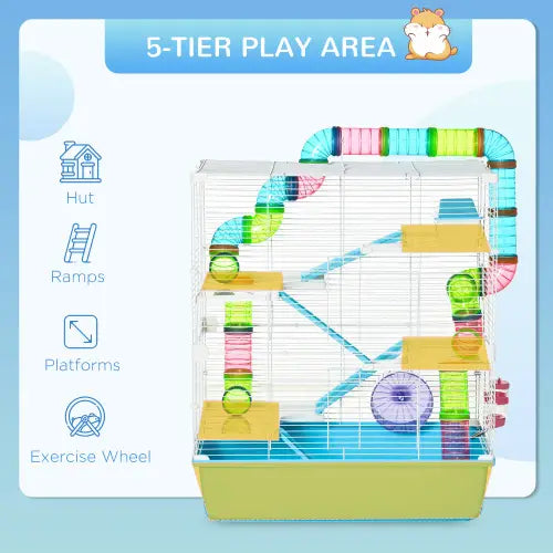 Colorful plastic and metal 5 tier play area with tunnels ramps platforms and a wheel in the Pawhut 5 tier hamster cage designed for small pets.