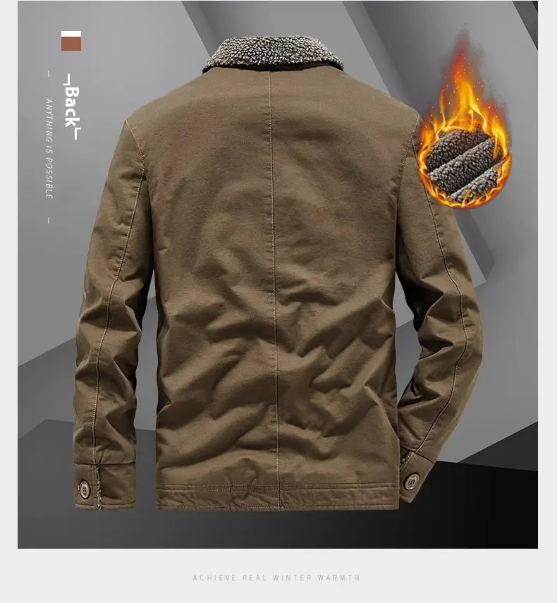 Mens fleece lined winter cotton jacket in brown featuring a plush gray shearling-lined collar and flame graphic highlighting its warm insulation.