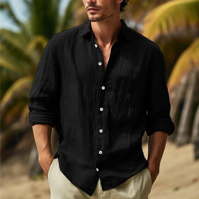 men’s relaxed fit cotton linen long sleeve shirt in black linen with white buttons and rolled-up sleeves.