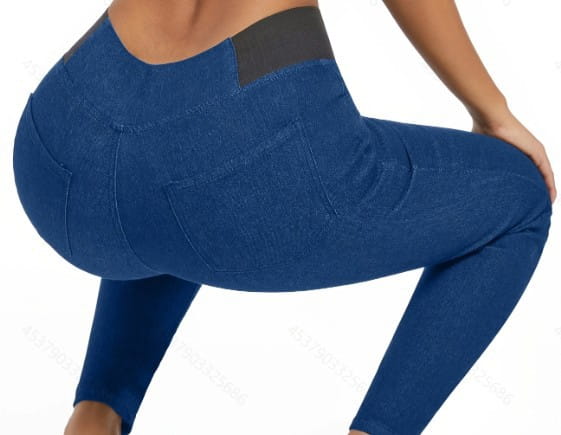 fleece lined slim fit denim leggings in blue denim style with a black elastic waistband and side pockets